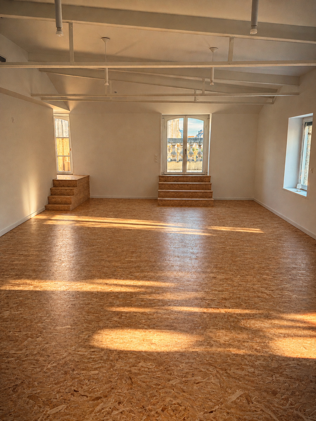 Intérieur du lieu : grande salle claire au sol d’OSB, gradins de bois face aux fenêtres, lumière du soleil sur le sol
