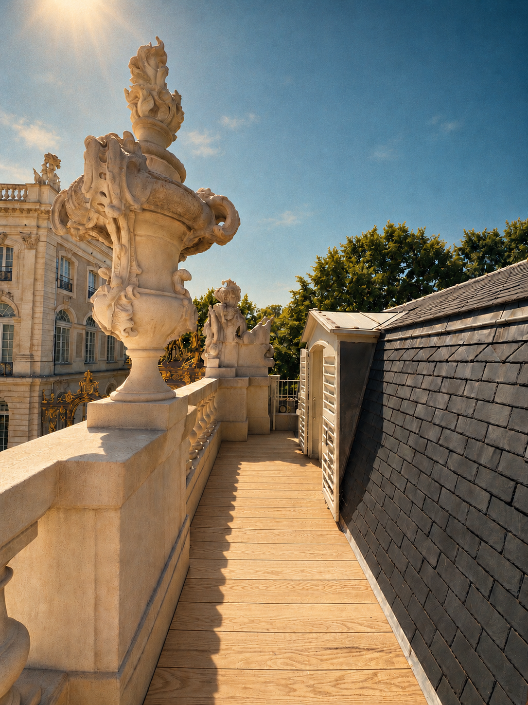 Extérieur du lieu : terrasse en bois le long d’une balustrade en pierre sculptée, vases ornementaux et toiture d’ardoise